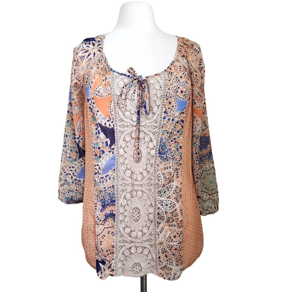 Anthropologie Meadow Rue Boho Women's M Top Fit Crochet Lace Trim Sheer Flowy